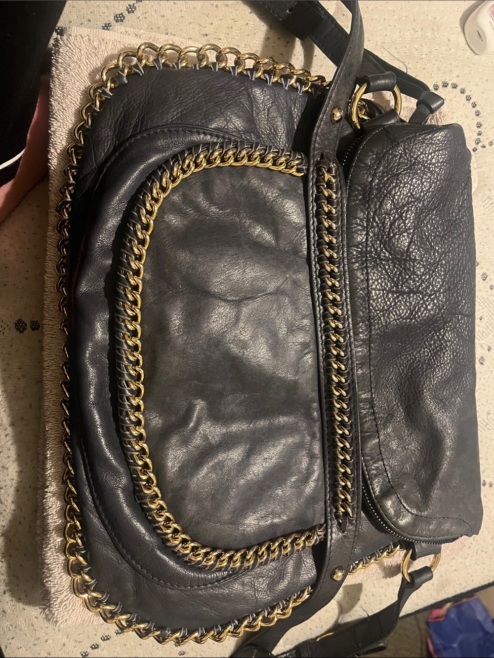 Sabina Black Leather Slouch Shoulder Bag with Gold Chain Trim